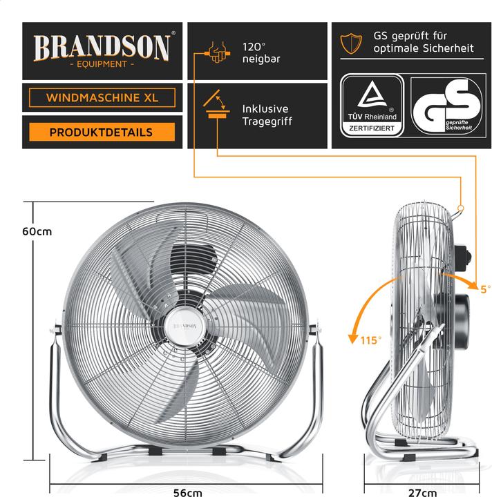 Actual product image Brandson Wind machine 53.5 cm Ø, retro floor fan 200W tiltable, carrying handle, high air flow, silver (67 dB)