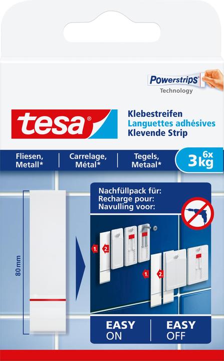 Image du produit tesa Powerstrips pour le carrelage et le métal, capacité de fixation de 3 kg, 6 bandes adhésives double