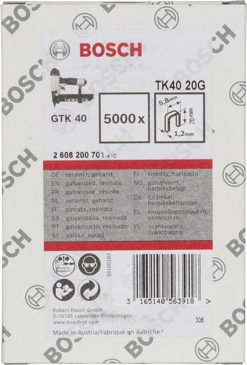 Produktbild Bosch Professional Zubehör Schmalrückenklammer TK40 20G, 5,8 mm, 1,2 mm, 20 mm, verzinkt