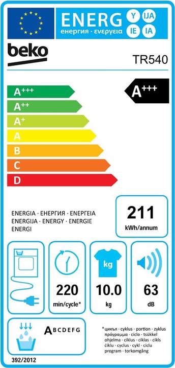 Energie-Label Beko Wäschetrockner TR540, 10kg, A+++ (10 kg)
