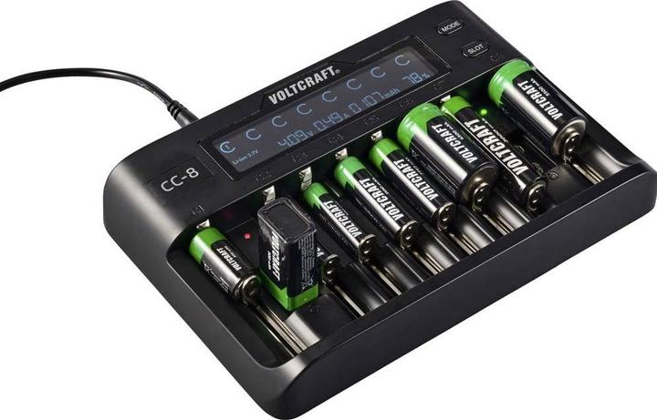 Produktbild Voltcraft CC-8 Rundzellen-Ladegerät (1 Stk., 10340, 14500, 16340, 17500, 17650, 18490, 18500, 18650, 21700, 22650, 26500, 26650, AAA, A, AA, Sub-C, 9V Block, Ladegerät ohne Akku)