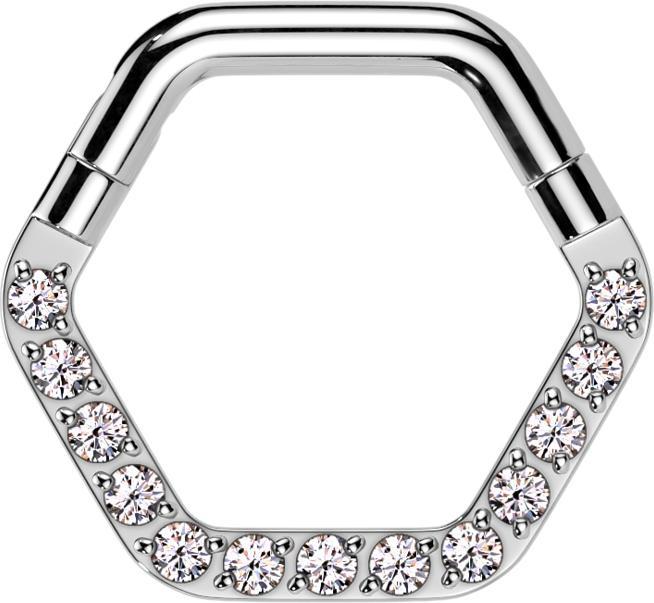 Star Piercing Micro Segmentring klappbar silber Hexagon front Kristalle silber (Titan G23, ohne Messing)
