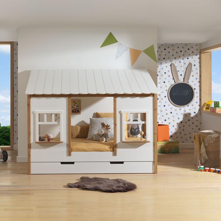 Produktbild Vipack Hausbett mit Dach Kiefer inkl. Ausziehkasten (90 x 200 cm)