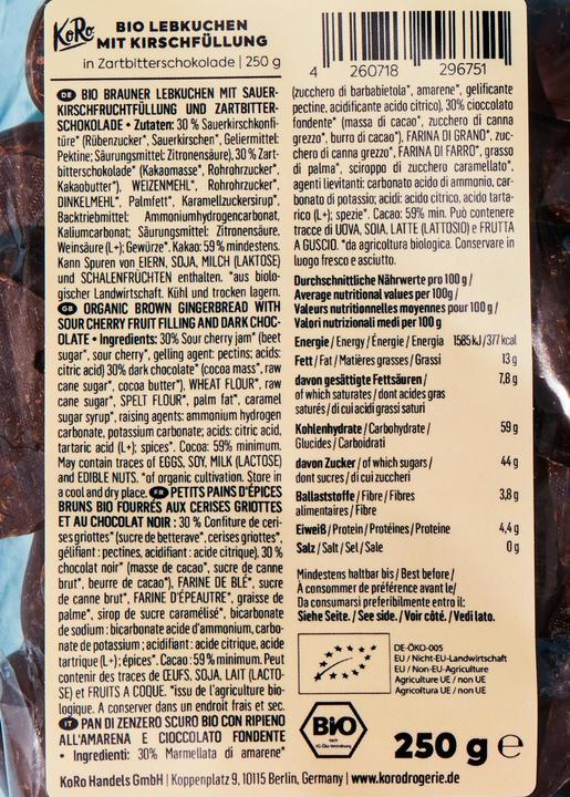 Produktbild KoRo Bio Brauner Lebkuchen mit Sauerkirschfruchtfüllung und Zartbitterschokolade (1 Stk., 3000 g)