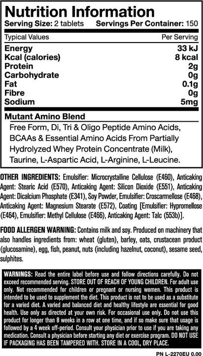 Nutritional values and ingredients Mutant Amino (300 Piece, Pills, 390 g)