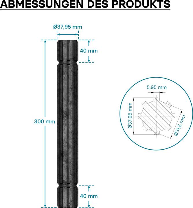 Produktbild Wiltec Zapfwellen Keilwelle GT2 300mm Vielkeilwelle für PTO-Shaft 8-32x38x6 Traktor (Rasentraktor, Traktorzubehör)