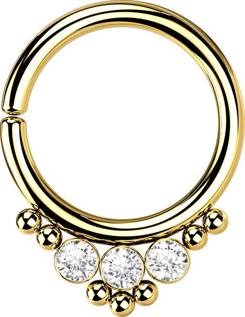 Produktbild Star Piercing Micro Piercing Ring vergoldet Kugeln und drei Kristalle (Chirurgenstahl 316L, ohne Messing)