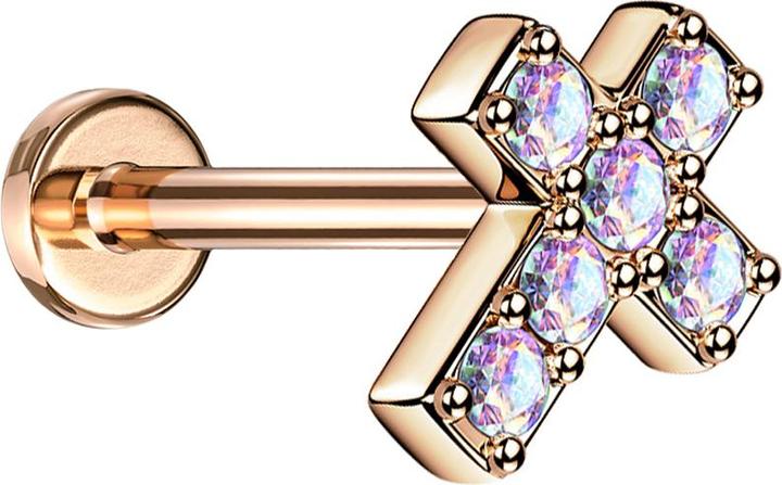 Image du produit Star Piercing Micro Labret femelle or rose croix avec cristal multicolore (Acier chirurgical 316L, sans laiton)