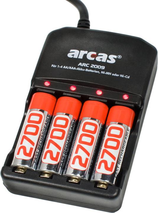 Arcas Charger incl. 4 NiMH Mignon batteries 2700 mAh (4 pcs., AA, AAA, 2700 mAh, Battery + charger)