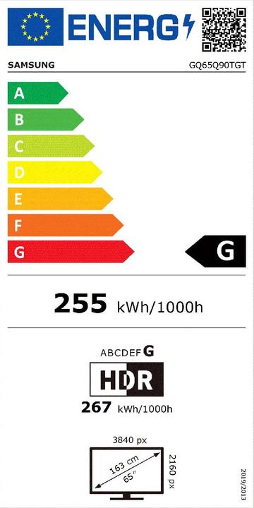 Energielabel Samsung GQ65Q90TGT - 163 cm (65") Diagonale klasse Q90T Series QLED TV - Smart TV - 4K UHD (65", QLED, 4K)