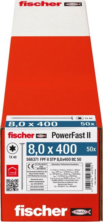 Productafbeelding Fischer Houtbouwschroef verzonken kop Power-Fast II 8x400 mm TG TX40 vz. (50 Schroeven per stuk)