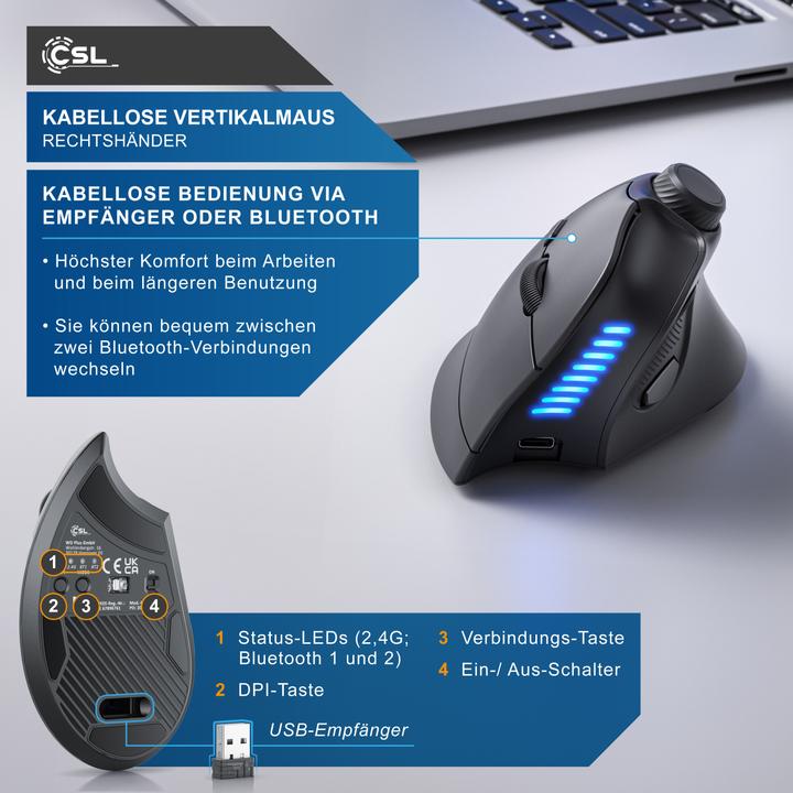 Immagine prodotto CSL Mouse verticale senza fili, 2,4 GHz wireless & BT4.0, 250 dpi, contro il braccio del mouse / gomito (Senza fili)