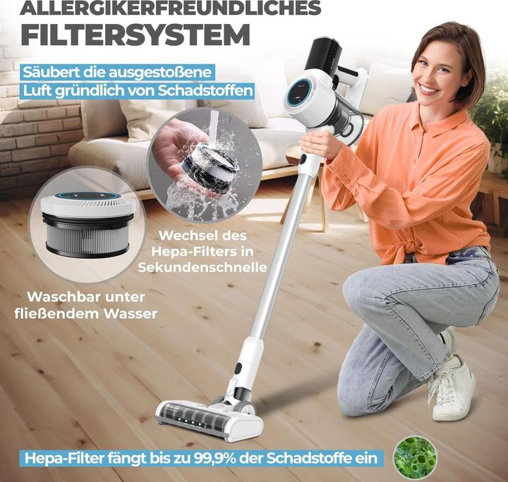 Immagine prodotto KLAMER Akkustaubsauger, 420 Watt, 2 Akkus und mit verschiedenen Aufsätzen