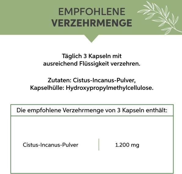 Valeurs nutritives et ingrédients Eltabia Cistus Incanus en gélules 200 (200 pièce(s), Capsules)