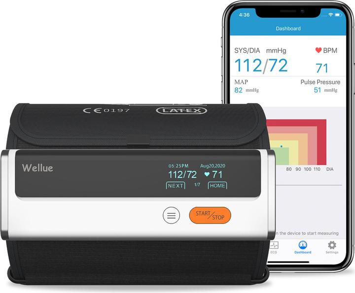Immagine prodotto ViatomTech BP2 Smart Bloeddrukmeter + ECG, Bluetooth Sync, 3 misuratori di pressione, Bloeddrukmeter voor (Sfigmomanometro per braccio)