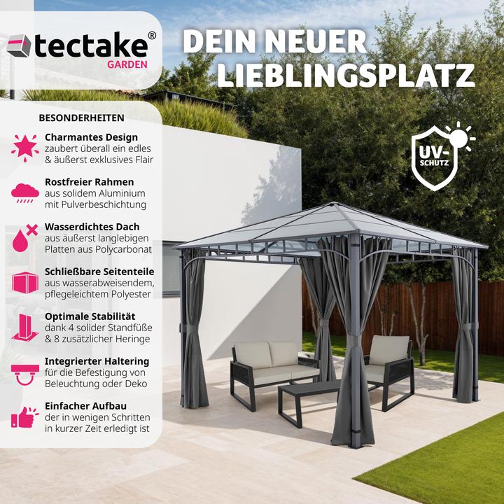Produktbild tectake Gartenpavillon Caracas, wetterfest, Polycarbonat-Dachplatten (297 cm, 297 cm)