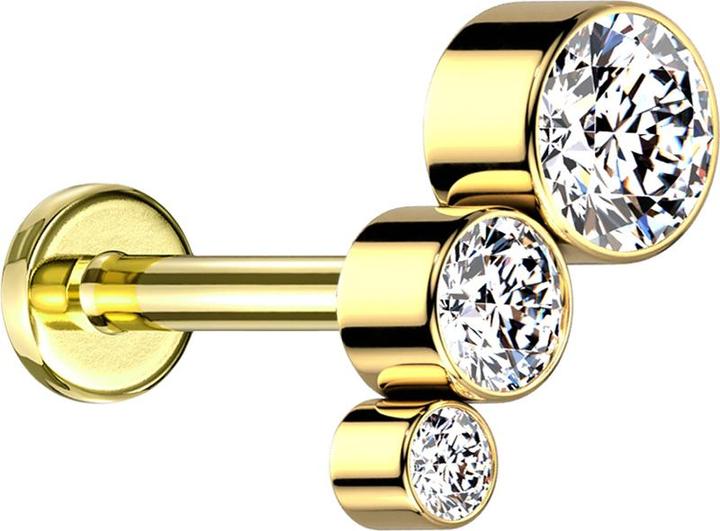 Actual product image Star Piercing Micro Labret internal thread gold plated descending three crystals silver (without brass, Titanium G23)