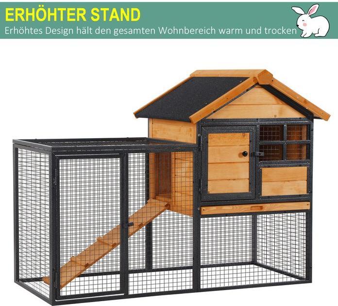 Produktbild Swisshandel24 Kaninchenstall erhöhtes Haustier Haus mit Abschliessbare Tür Outdoor Holz-Metall Hellgelb 122 x 63 x