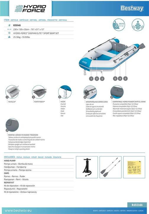 Energie-Label Bestway Hydro-Force Sportboot-Set Caspian 230 x 130 x 30 cm (230 cm, 2 Pers.)