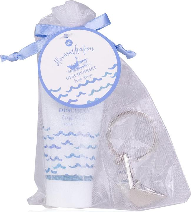 Image du produit Accentra Set de bain HEIMATHAFEN dans un sac en organza, comprenant un gel douche de 30 ml, un porte-clés (Set soin capillaire)