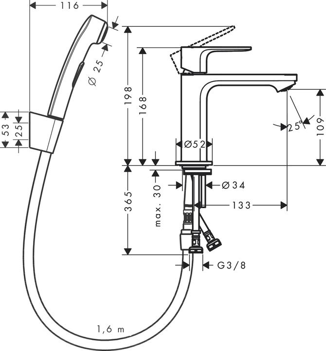 Produktbild hansgrohe Rebris E Einhebel-Waschtischarmatur 110 mit Bidette Duschkopf und Duschschlauch 160 cm ohne Ablaufga