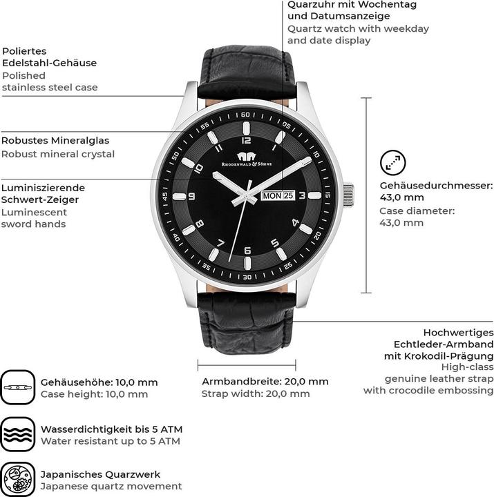 Actual product image Mens quartz watch Couragian genuine leather black - 4466 (Analogue wristwatch, 43 mm)
