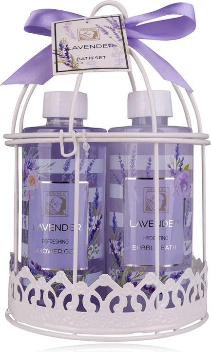 Accentra Badeset LAVENDEL in Vogelkäfig, inkl. 210ml Duschgel, 210ml Bodylotion, 210ml Schaumbad, 210ml Körpe (Körperpflegeset, Haarpflege set)