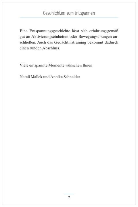 Actual product image Geschichten zum Entspannen. Kurze Erzählungen für Senioren. Auch mit Demenz. Ratgeber (German, Natali Mallek, Annika Schneider, 2019)