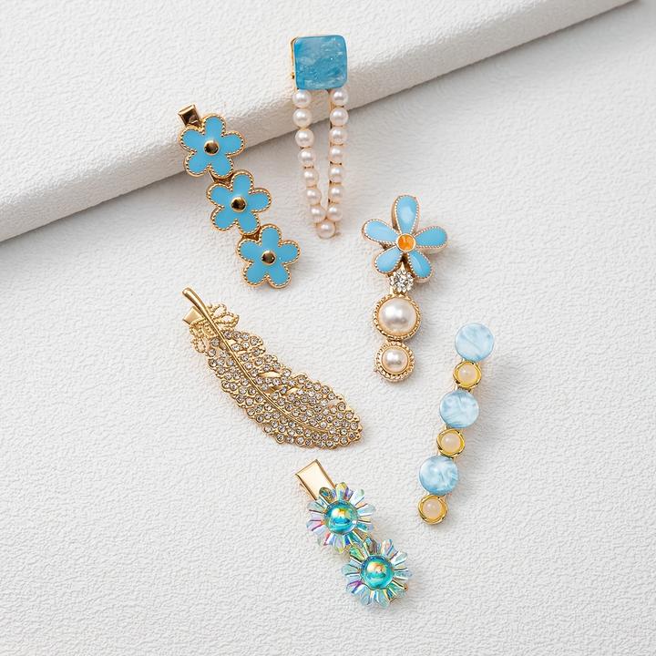 Produktbild Activity Board 6pcs Bunte Feder Blumen Faux Perle Strass Haarspangen Mode Luxus Urlaub Reise Haarnadeln (6 Stk.)