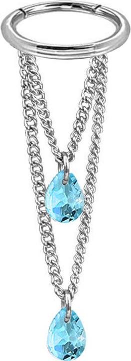 Star Piercing Micro Segmentring klappbar silber Anhänger waagerecht zwei Ketten zwei Ovale Kristalle aqua (Chirurgenstahl 316L, ohne Messing)