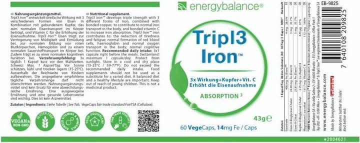 Nährwerte und Zutaten Energybalance Tripl3 Iron Eisen (60 Stück, Kapseln, 43 g)