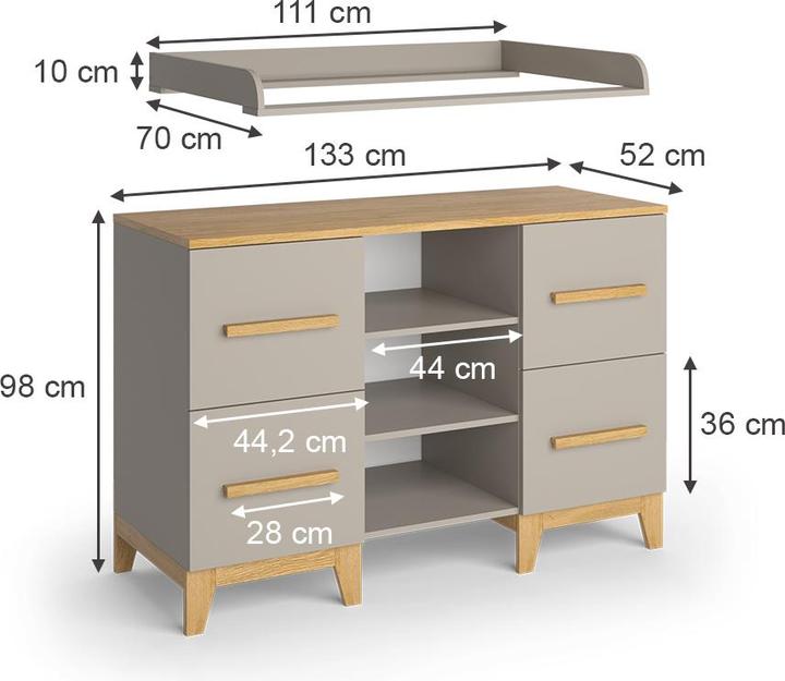 Actual product image VitaliSpa Wickelkommode Malia, Cashmere-Eiche, 133 x 108 cm XL mit 4 Schubladen