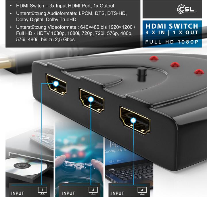 Actual product image CSL 3 Port HDMI Switch Full HD 1080p, automatic switching / 3D / HDCP / CEC