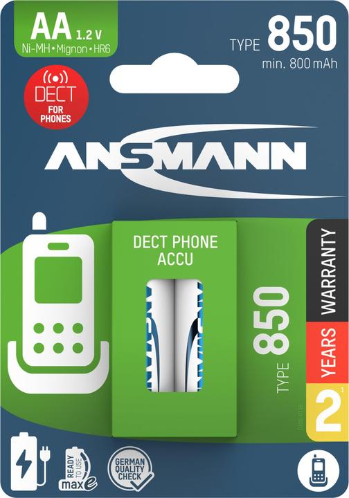 Image du produit Ansmann Batterie NiMH Dect Mignon AA type 850 (min. 800 mAh) maxE (2 pcs, AA, 800 mAh)