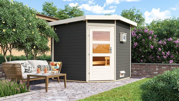 Actual product image Karibu Sauna house Heikki corner entry (9 KW Bio external control)
