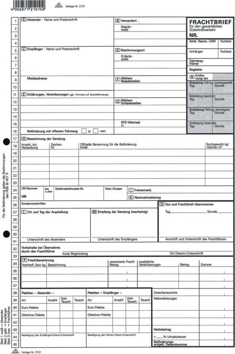 Nährwerte und Zutaten Rnk Verlag Vordruck "Frachtbrief fr Gterkraftverkehr", SD (50 x)