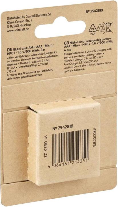 Immagine prodotto Voltcraft HR03 Micro (AAA) batteria ricaricabile NiZn 550 mAh 1,6 V 1 pz. (1 pz., AAA, 550 mAh)