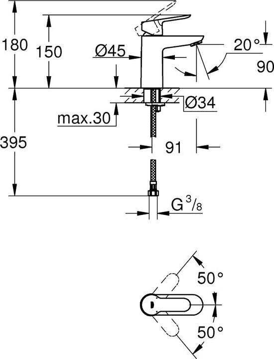 Produktbild Grohe Waschtischarmatur,, Start Edge, DN 15, S-Size, ohne Zugstange, chrom