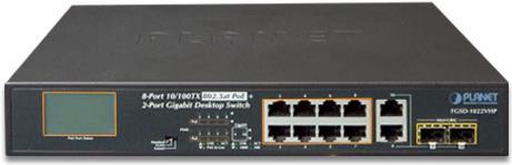 Actual product image Planet 8-Port 10/100TX 802.3at combo PoE Switch 2-Port Gigabit TP/SFP with LCD PoE Monitor 120 Watts (8 Ports)