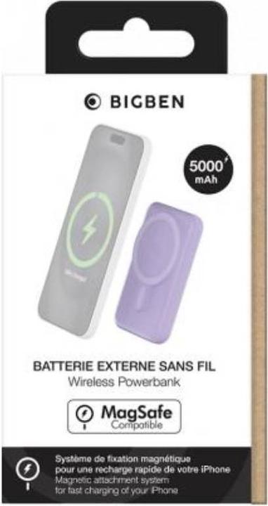 Immagine prodotto Bigben Caricabatterie a induzione Powerbank, compatibile con MagSafe, viola (5000 mAh, 10 W)