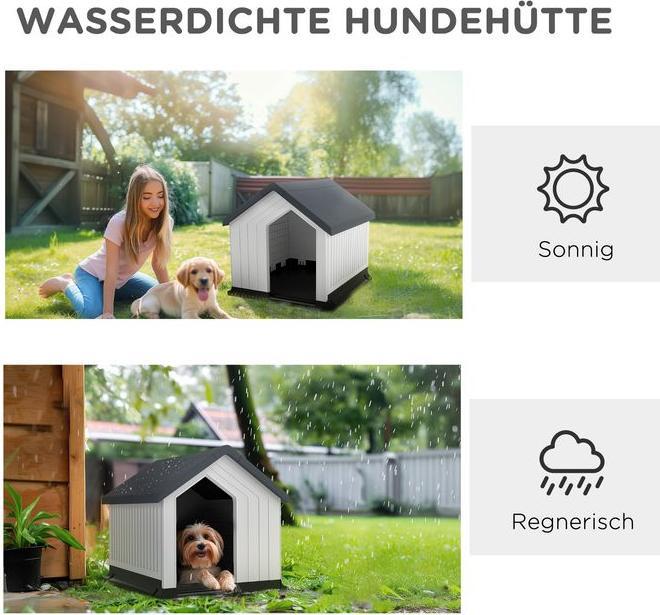 Produktbild Swisshandel24 Hundehütte, wetterfest, Fenster & Tür, für kleine Hunde bis 10kg/40cm Länge, 62x61x60cm, Grau/Weiss (Hundehütte)