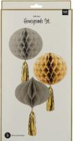 Actual product image Folat Hanging Decoration Set of 3 Honeycomb Balls with Gold Fringe 30cm Each