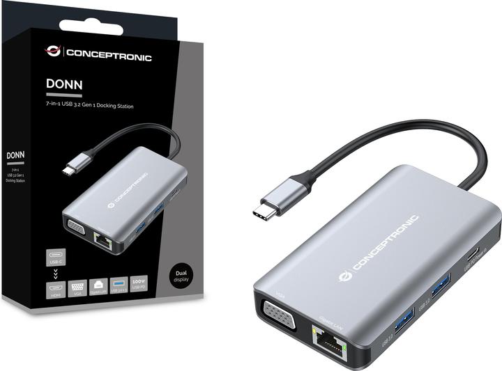 Actual product image Conceptronic Dock USB-C->HDMI,VGA,GbE,3xUSB3.0,100WPD 0.25m (USB-C, 6 Ports)