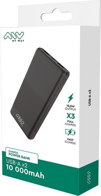 Immagine prodotto My Way MYWAY POWERBANK 2 USB 10 000mAh NOIR (10000 mAh, 10.50 W, 10 Wh)