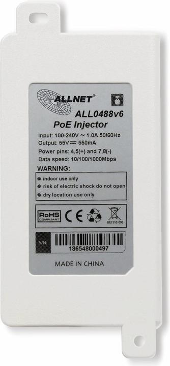 Produktbild Allnet PoE Injektor Gigabit PoE & PoE+ (15,4W/30W) ALL0488v6 (802.3at (PoE+), 802.3af (PoE), 30 W)