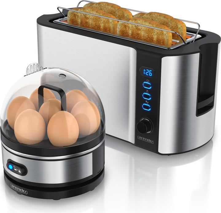 Arendo Breakfast set, 4 slice long slot toaster with bread roll top & egg boiler for 7 eggs, silver