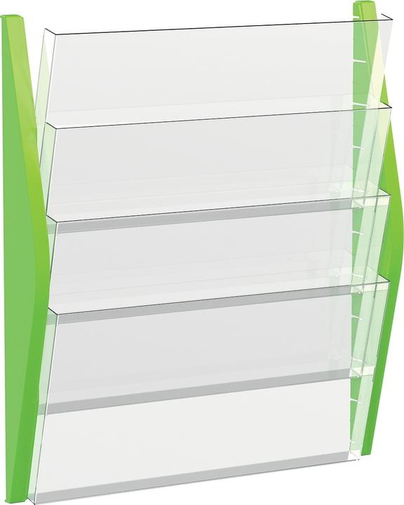Produktbild Helit Wand-Prospekthalter, DIN A3 quer, 4 Fächer, grün Seitenteile aus farbigem PP, Fächer aus glasklarem
