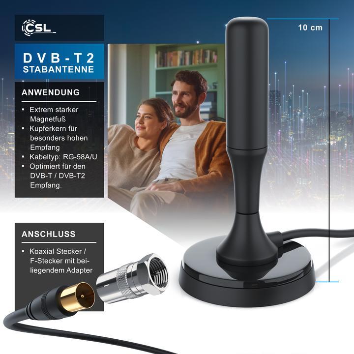 Immagine prodotto CSL Antenna a stilo DVB-T2 per uso interno, antenna digitale con cavo da 4 m / adattatore F-plug incluso (Antenna a stilo, 5 dB, DVB-T / -T2)