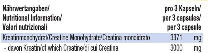Valori nutrizionali e ingredienti Weider Creatina (100 Pezzo/i, Pillole, 100 g)