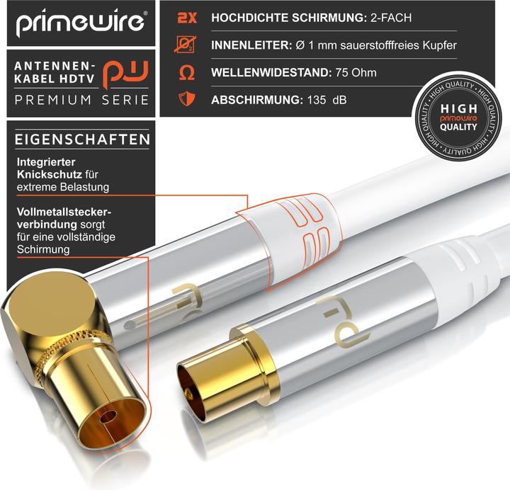 Immagine prodotto Primewire Cavo antenna angolato, cavo coassiale 75 Ohm HDTV, radio, DVB-T DVB-T2 DVB-S2 Cavo antenna TV (135 dB, Cavi antenna)
